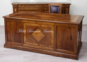 Important study-office desk made of solid walnut wood with inlaid parts in olive wood